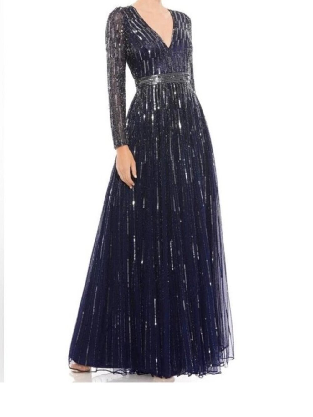 Mac Duggal Navy Beaded Long-Sleeve Evening Gown size 4